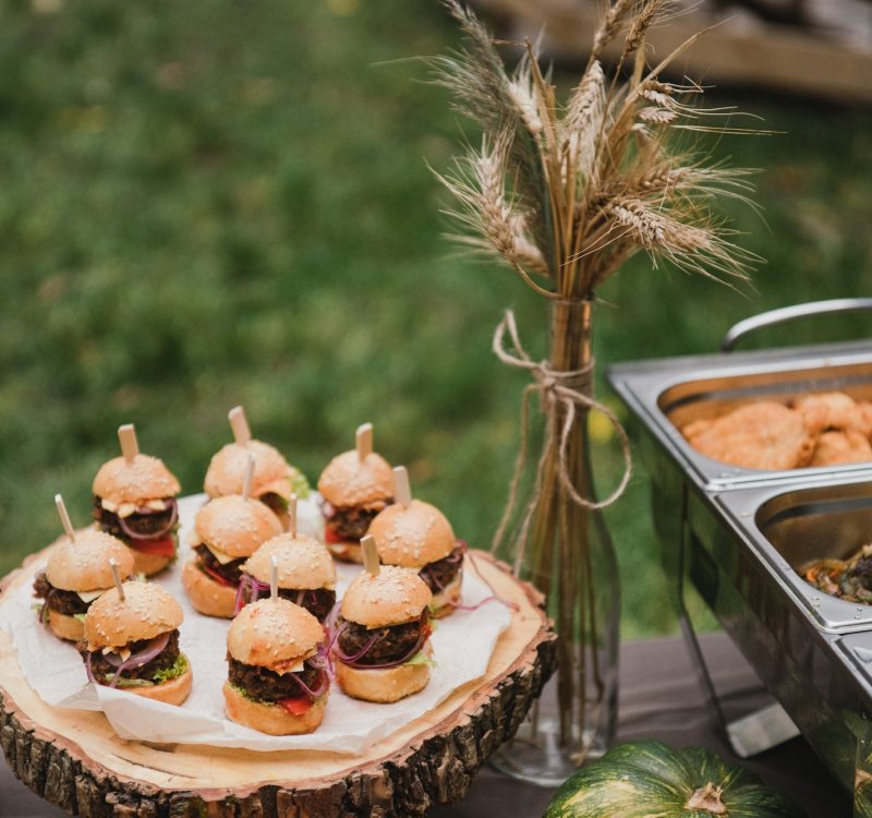 Catering banquet table at the reception. Casual wedding party.